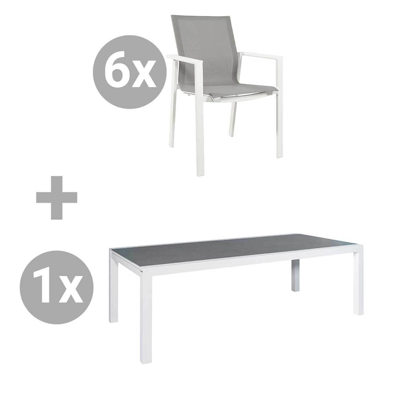 Set Livorno 220/330x106cm weiß/Keramik zement hell + 6 Beja Stapelsessel