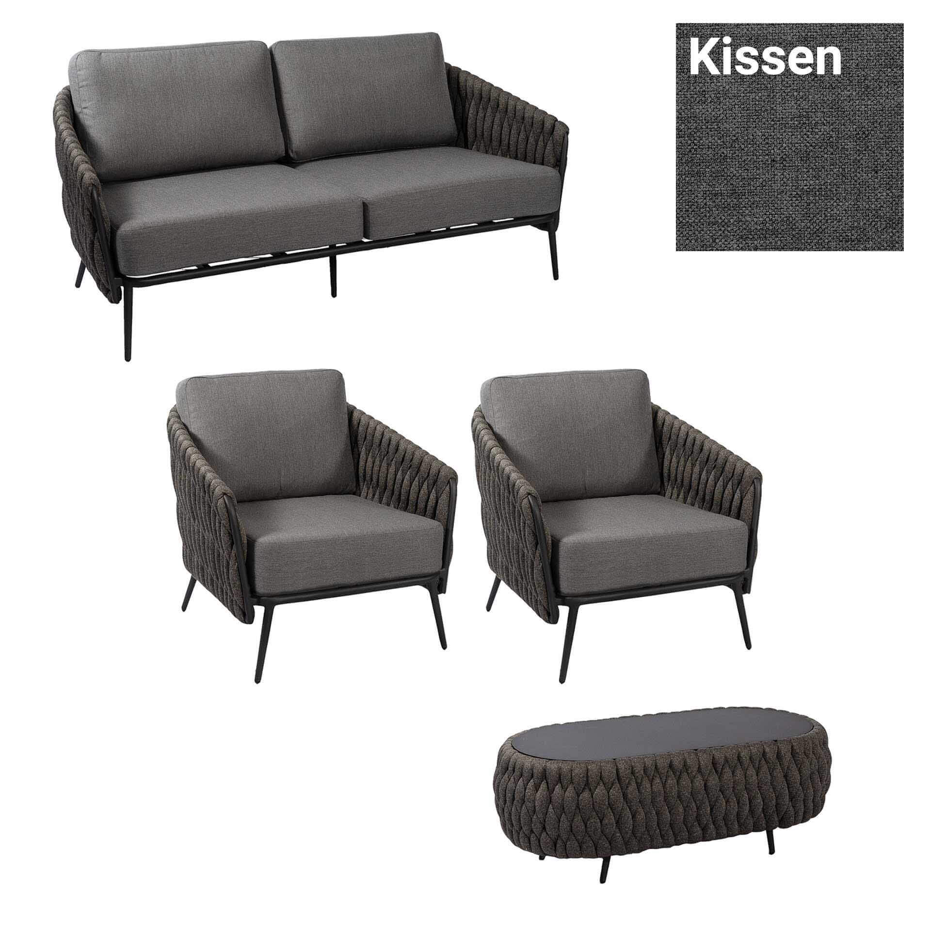 Palm Socks Lounge Set, 2 x Sessel, 1 x Sofa, 1 x Kaffeetisch grau/ Kissen Agora® panama grafito