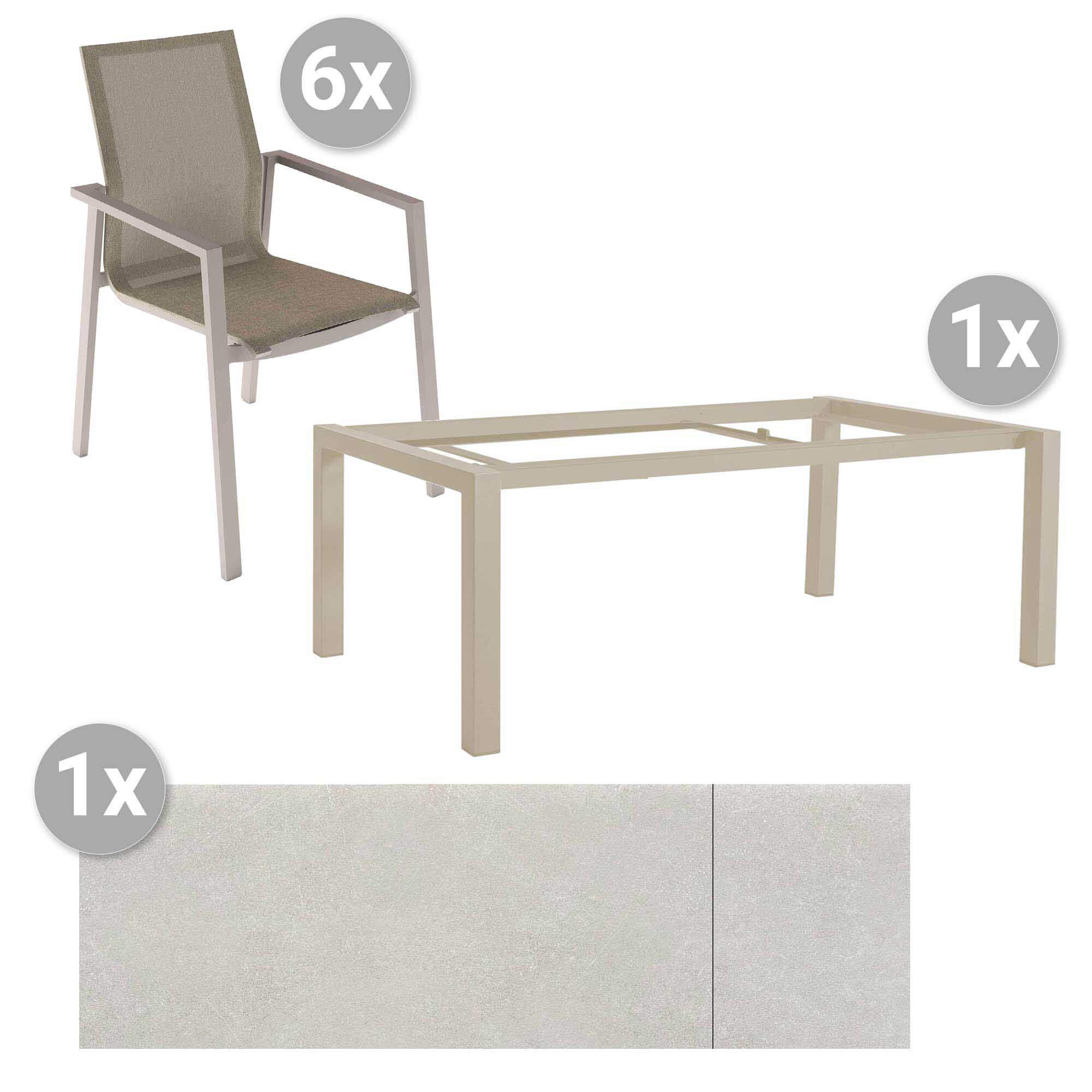 Set Forli 220/280x100cm sand/HPL sand + 6 Beja Stapelsessel