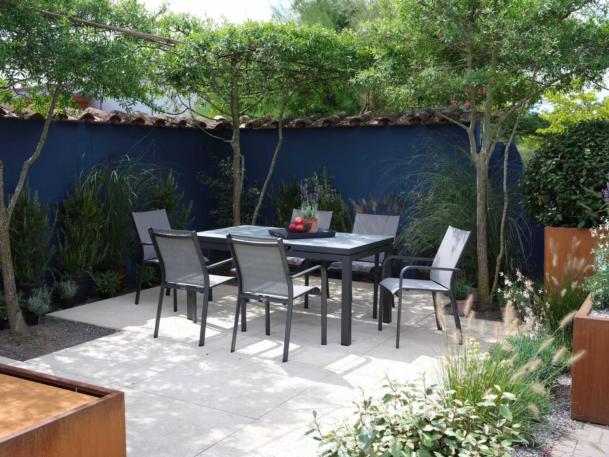 Set Gabon 160/210x90cm grau/Glas hellgrau + 6 Dransy Stapelsessel