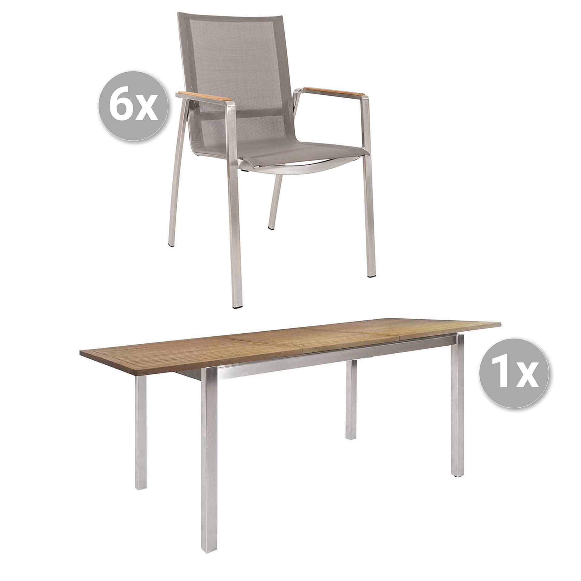 Set Kreta 150/207x90cm Edelstahl/Teak + 6 Monaco taupe, Armlehnen Teak