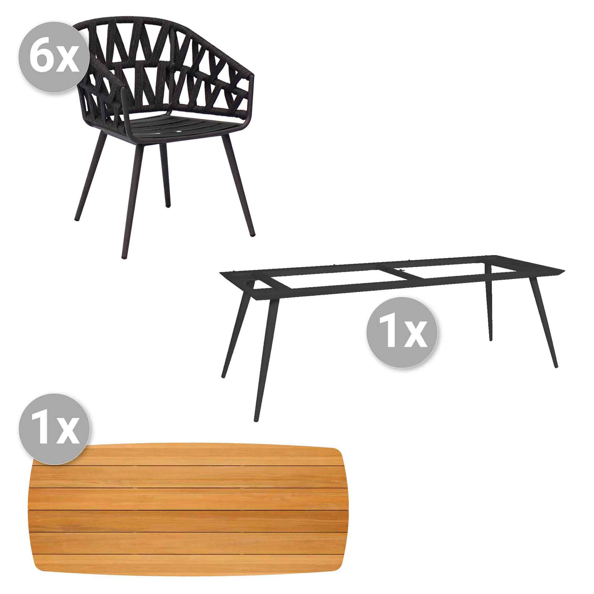 Set Amazone 240x100cm grau/Teak bootsform + 6 Palm Sessel