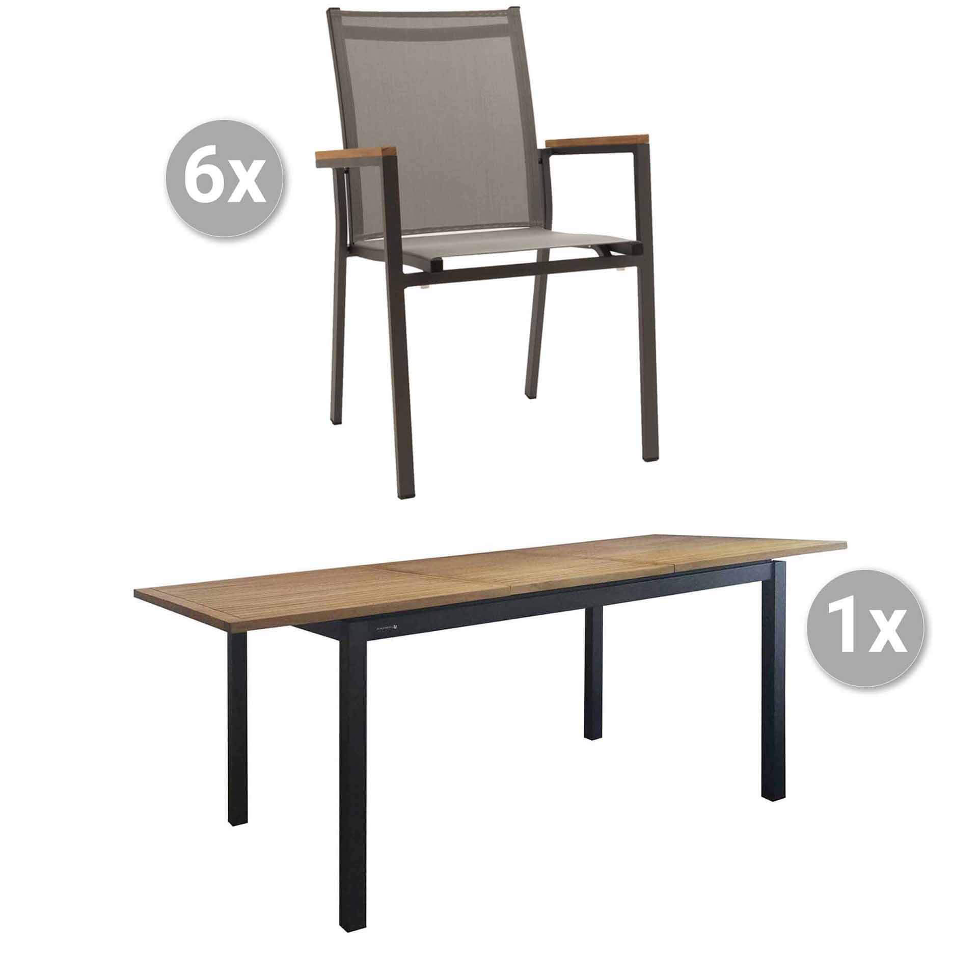 Set Kreta 150/207x90cm grau/Teak + 6 Rome Stapelsessel, Armlehnen Teak