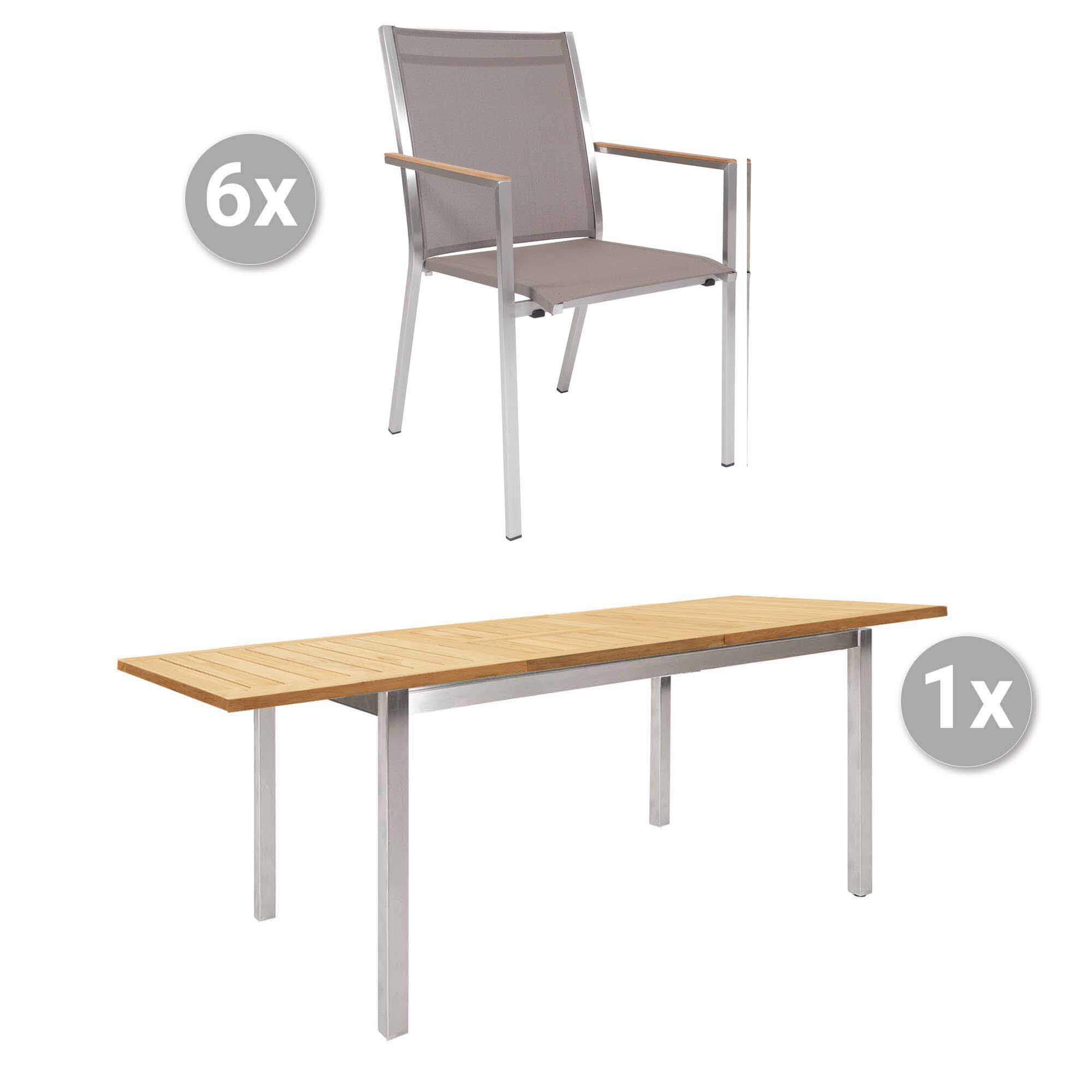 Set Mallorca 150/207x90cm Edelstahl/Teak + 6 Rome Stapelsessel taupe, Armlehnen Teak