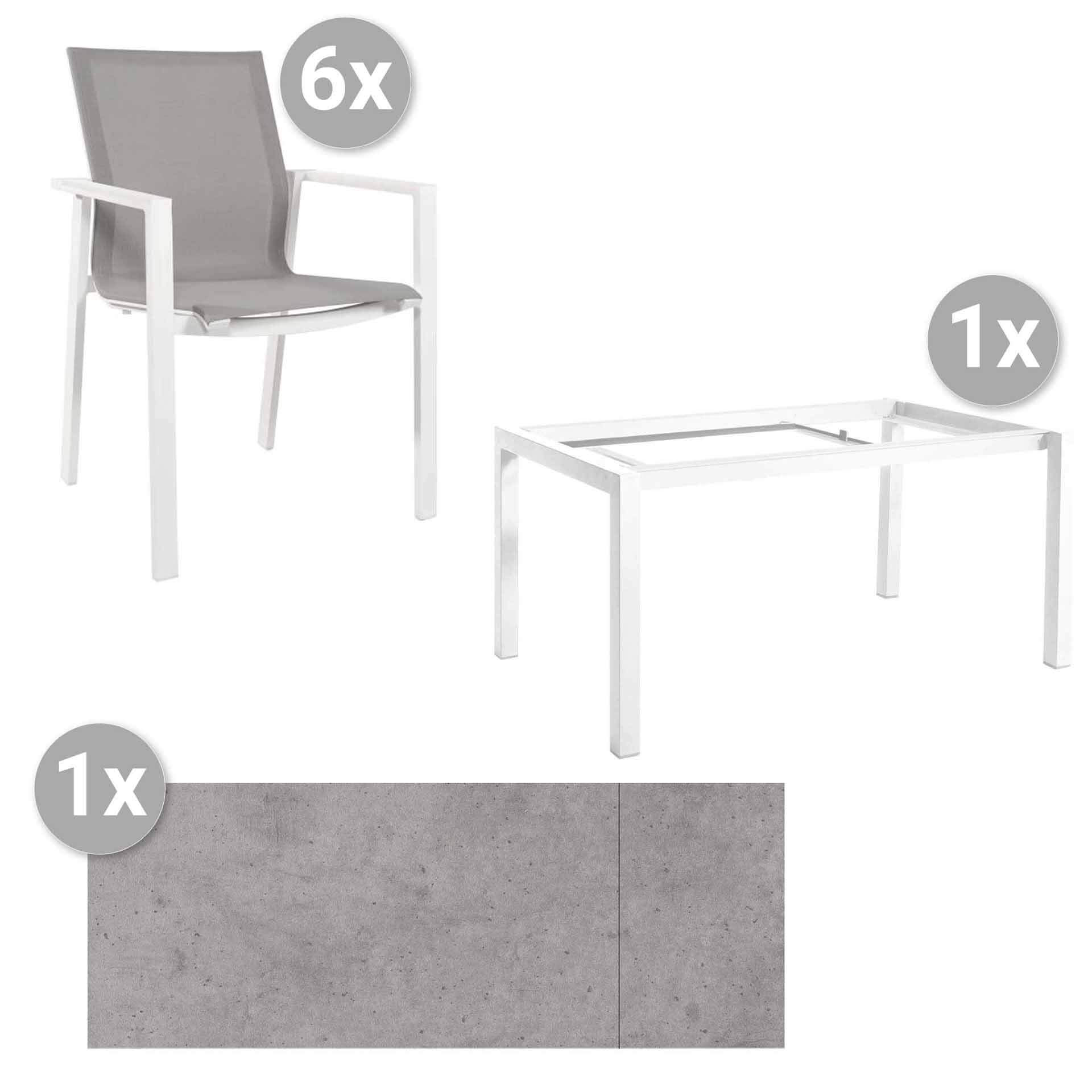 Set Forli 160/220x90cm weiss/HPL zementgrau + 6 Beja Stapelsessel