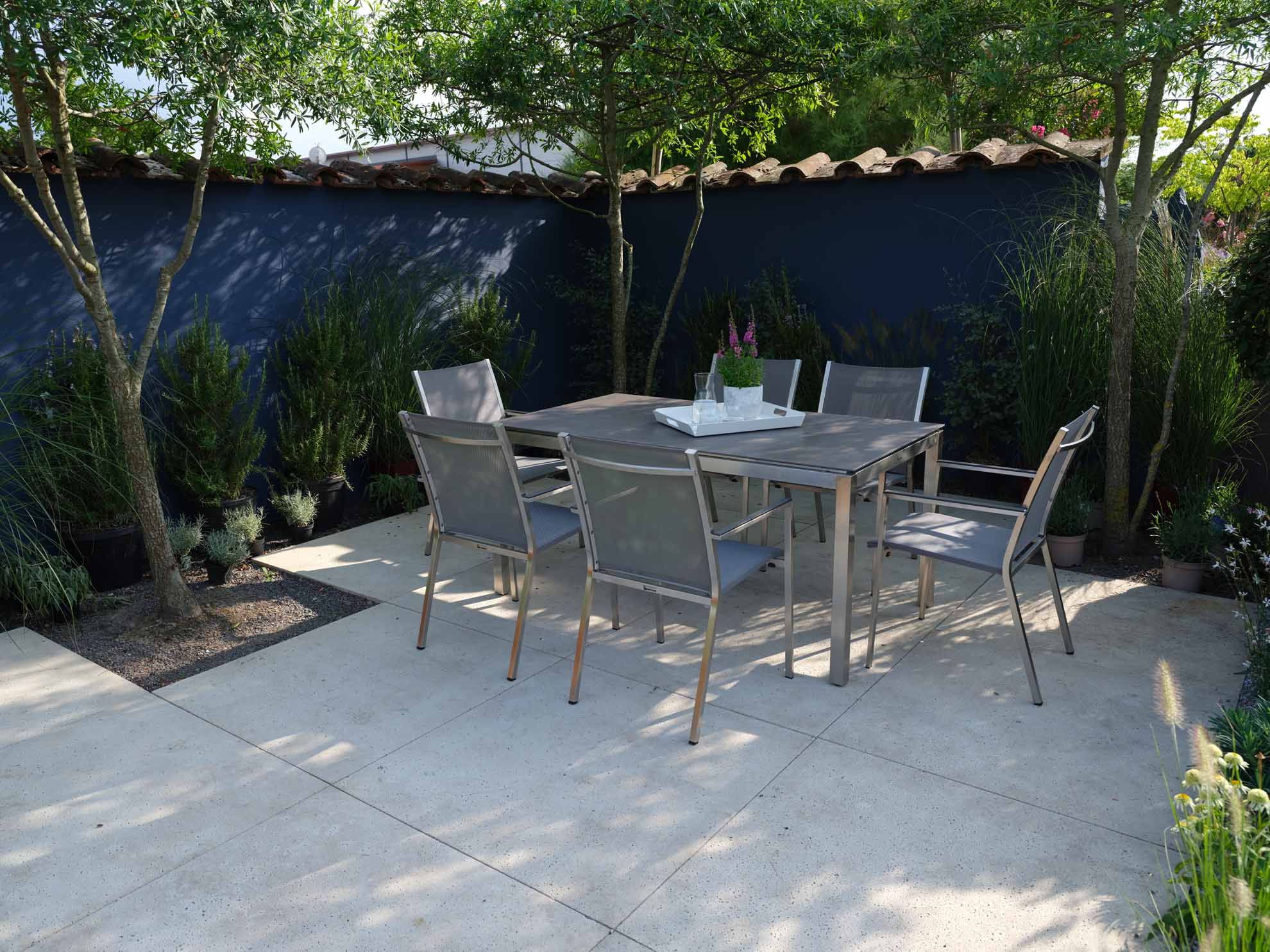 Set Muri 160x90cm Edelstahl/Glas dunkelgrau + 6 Rome Stapelsessel silber