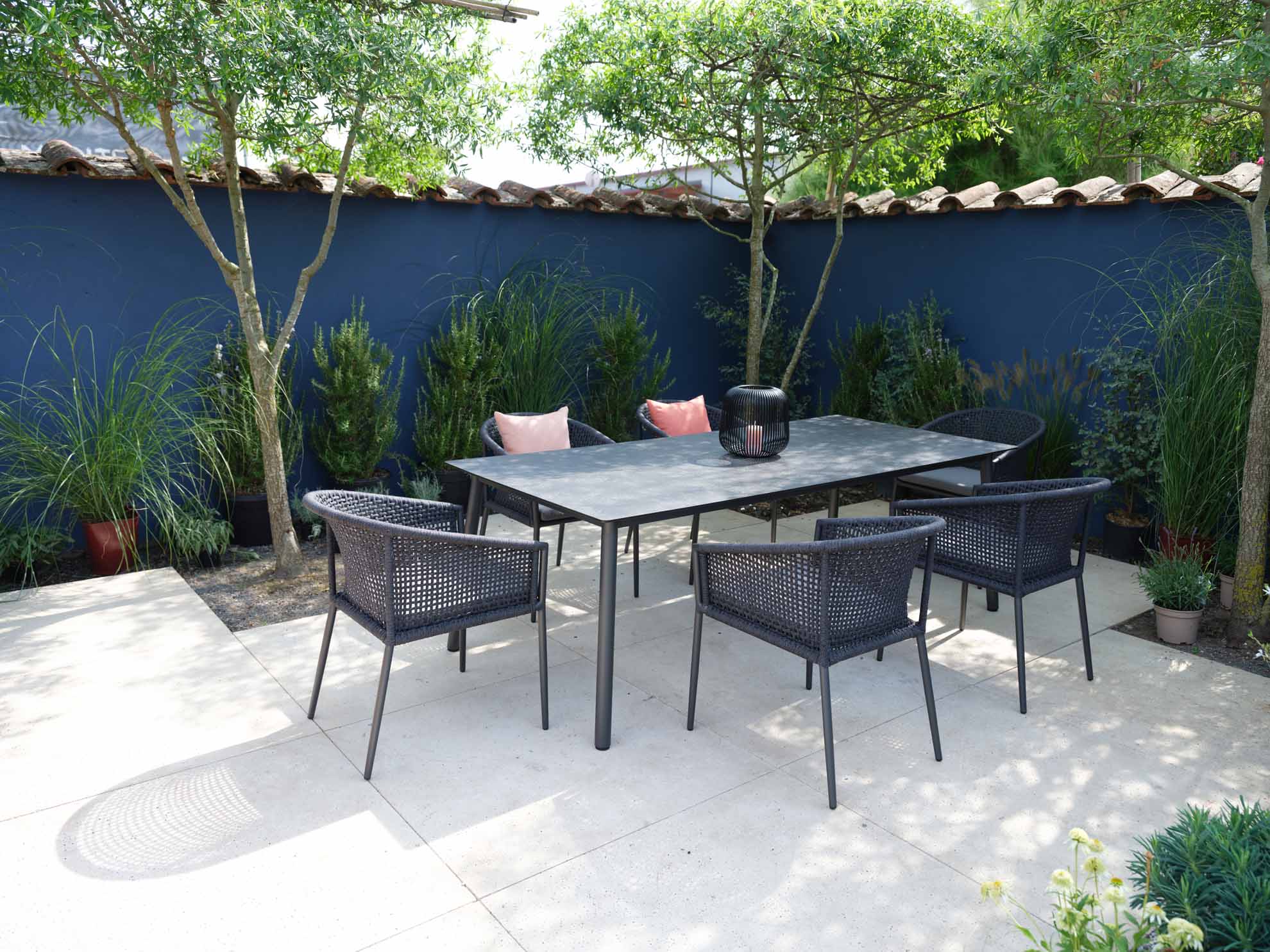 Set Durham 220x100cm grau/HPL granit hellgrau + 6 Safara Geflechtsessel