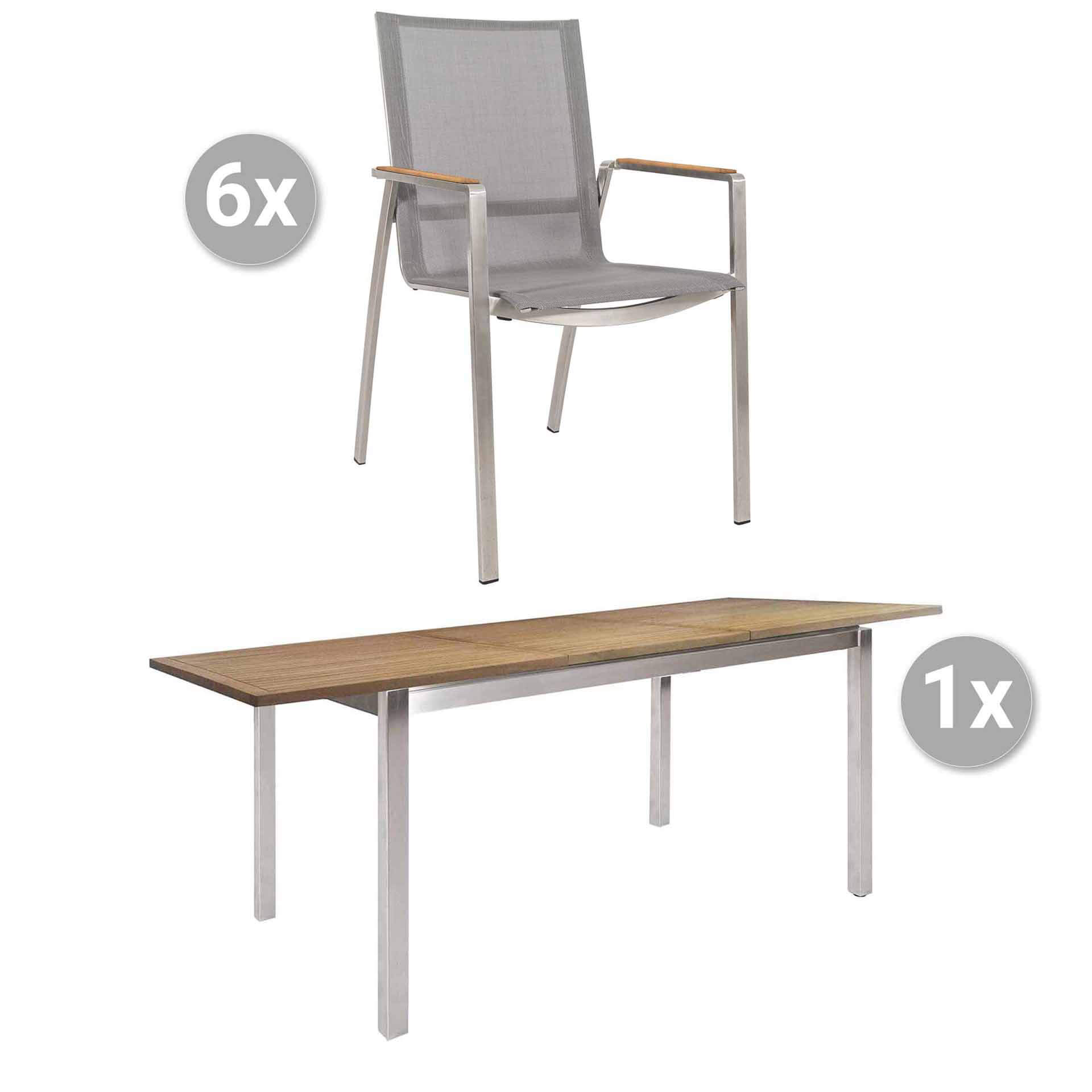 Set Kreta 150/207x90cm Edelstahl/Teak + 6 Monaco silber, Armlehnen Teak