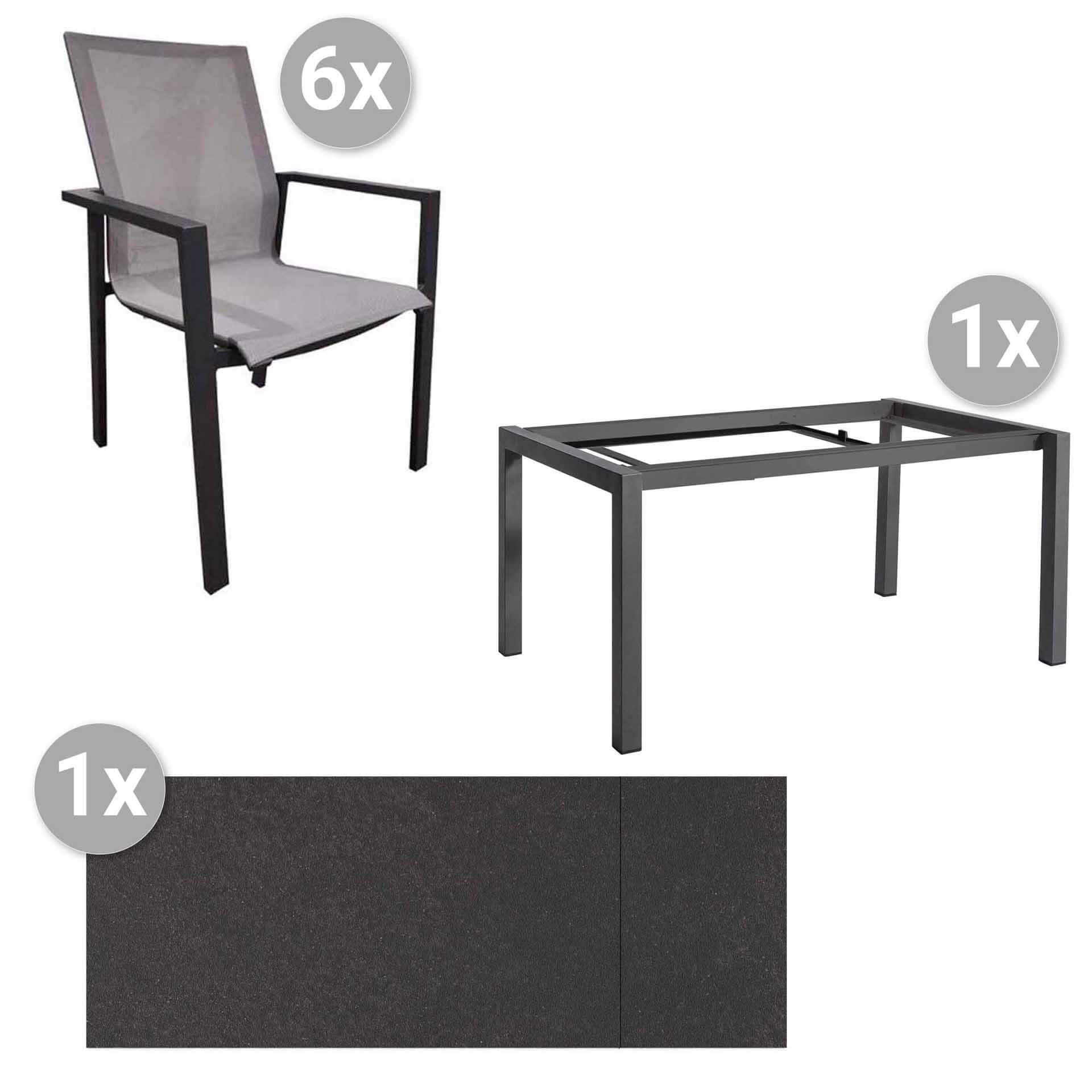 Set Forli 160/220x90cm grau/HPL titanium + 6 Beja Stapelsessel