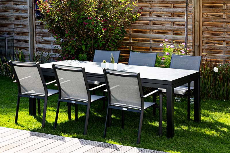 Set Gabon 220/280x100cm grau/Glas hellgrau + 6 Dransy Stapelsessel