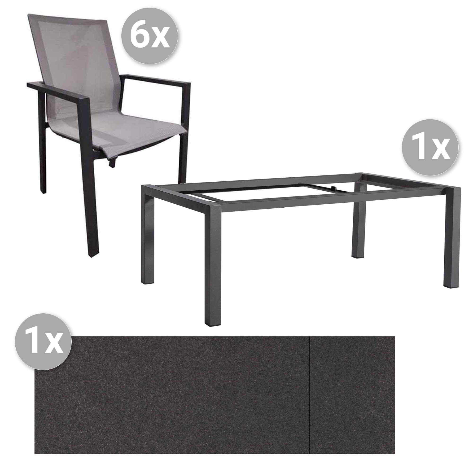 Set Forli 220/280x100cm grau/HPL titanium + 6 Beja Stapelsessel