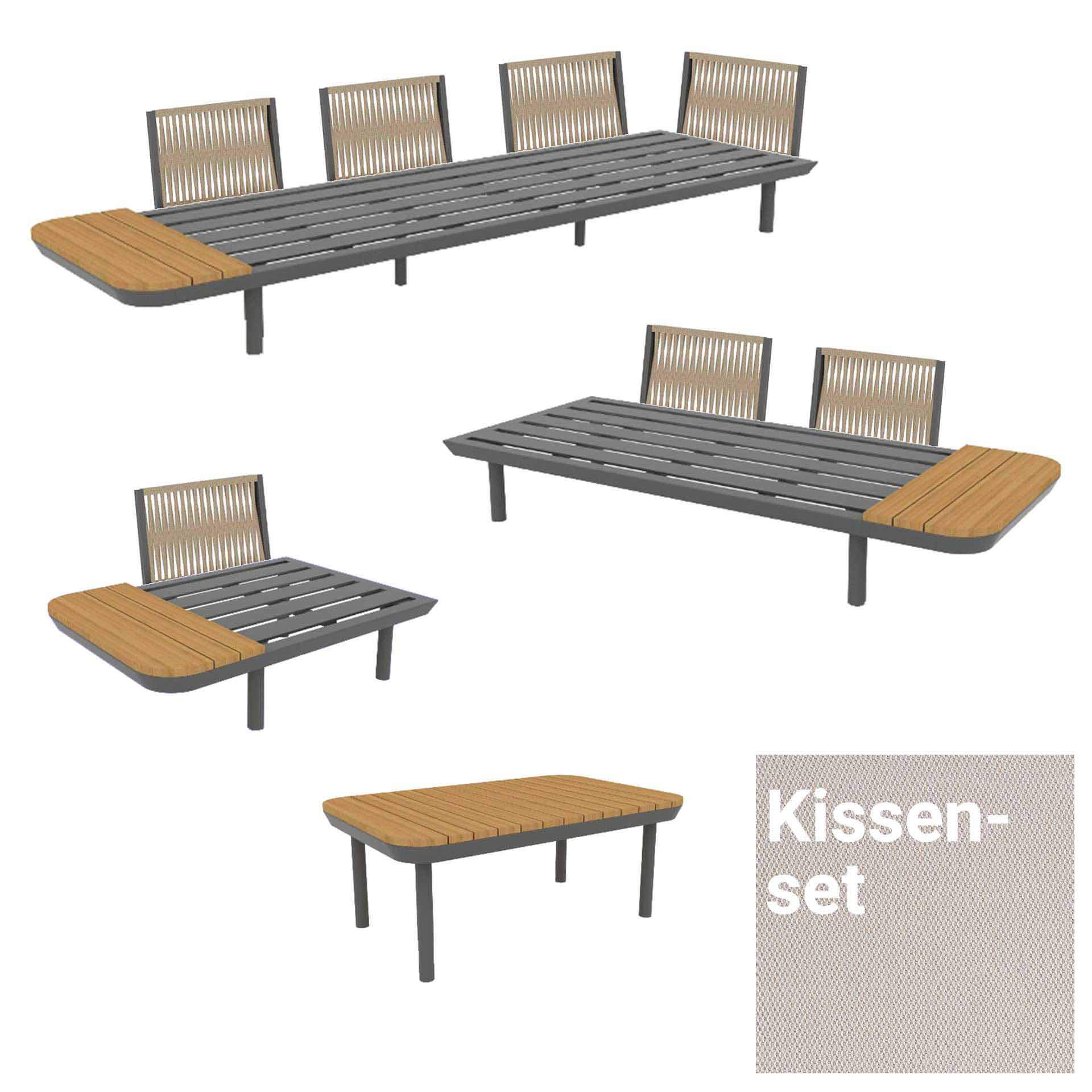 Tyler Lounge Set, 1 x 1-Sitzer + 1 x 2-Sitzer + 1 x 3-Sitzer Basismodul + 1 x Kaffeetisch grau/Teak,