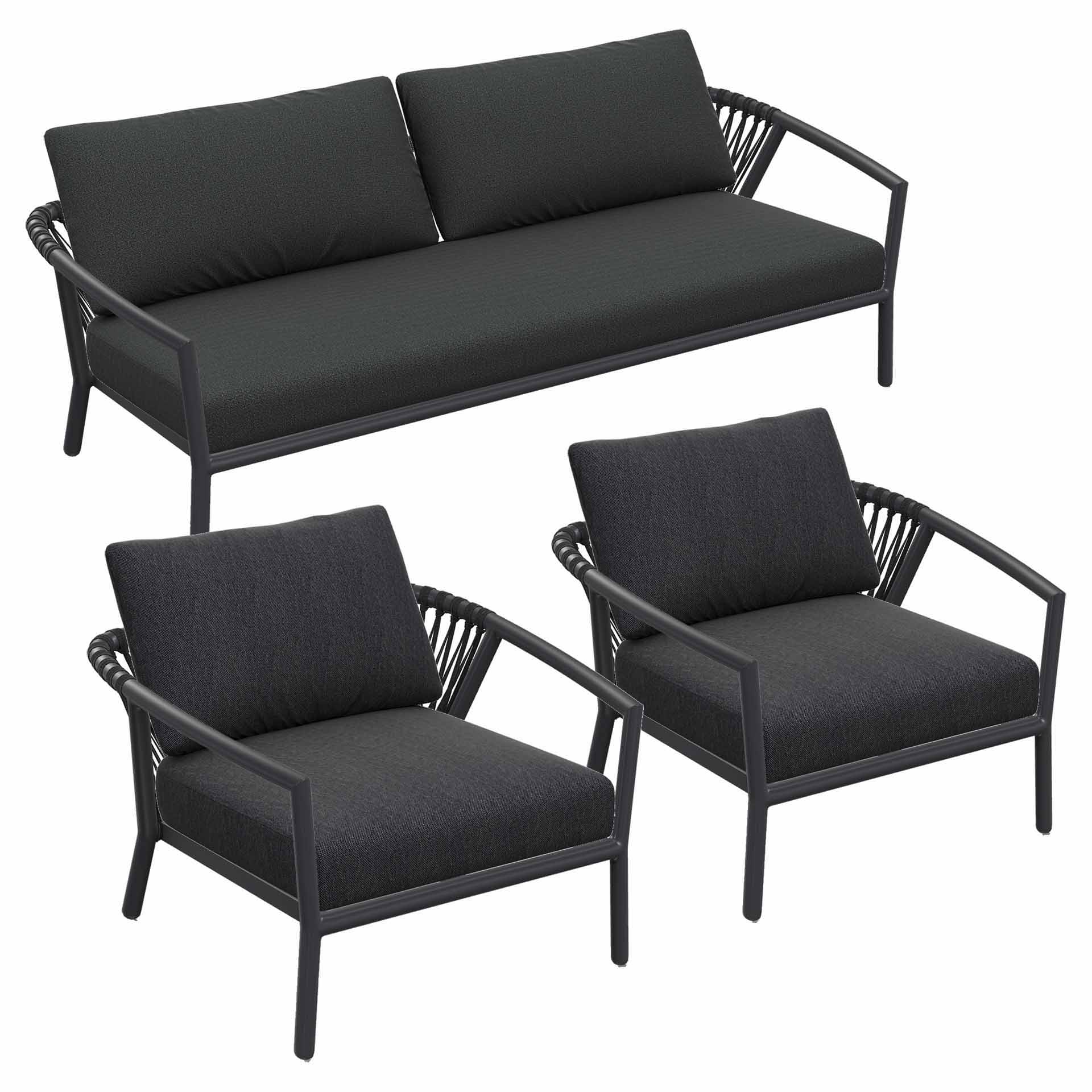 Kapra Lounge-Set eisengrau, 2 Sessel, 2,5er Sofa und Polster grau