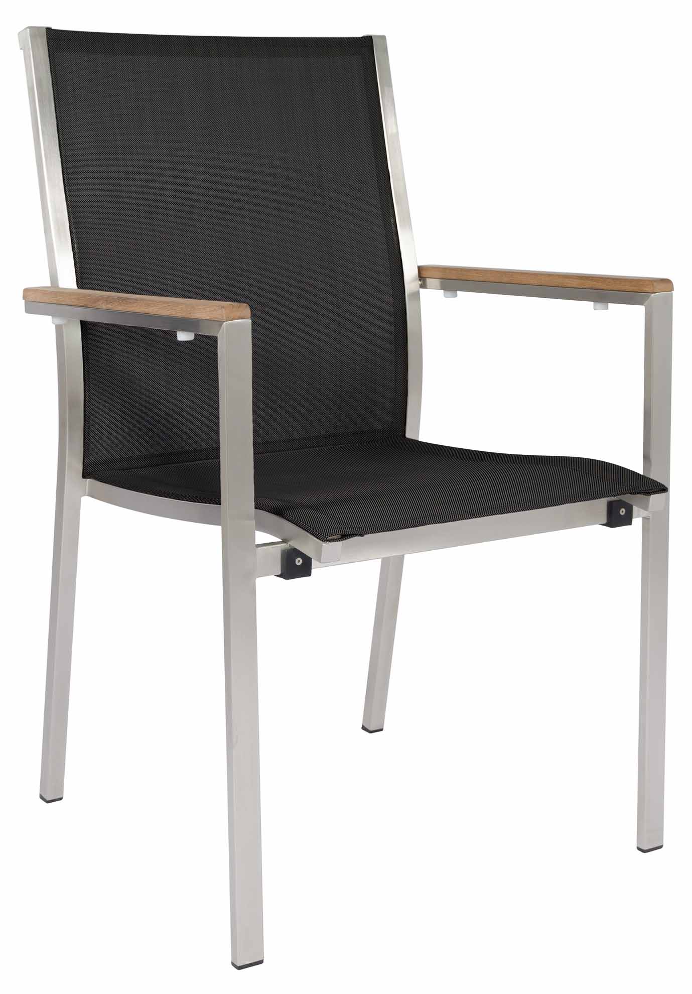 Monte Carlo Stapelsessel, Edelstahl/Batyline darkgrey, Armlehnen Teak